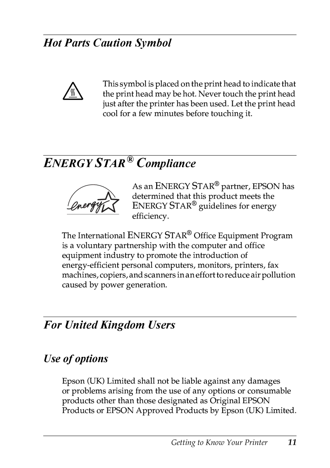 Epson LX-1170 manual Hot Parts Caution Symbol, Energy Star Compliance, For United Kingdom Users, Use of options 