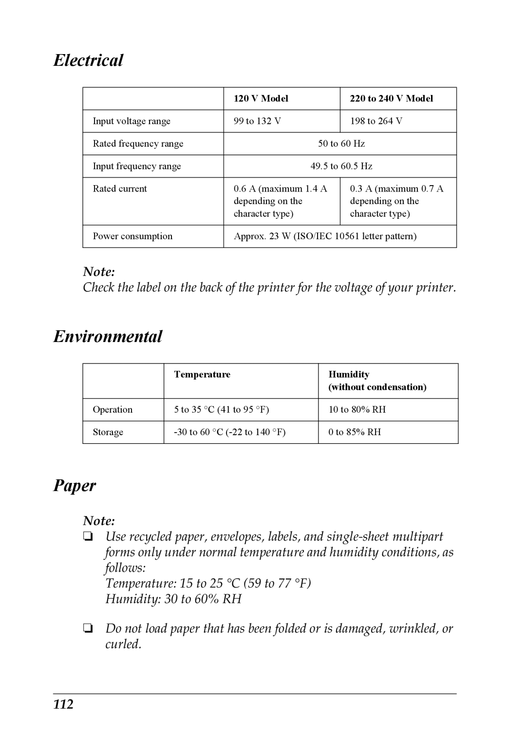 Epson LX-1170 manual Electrical, Environmental, Paper, 112 