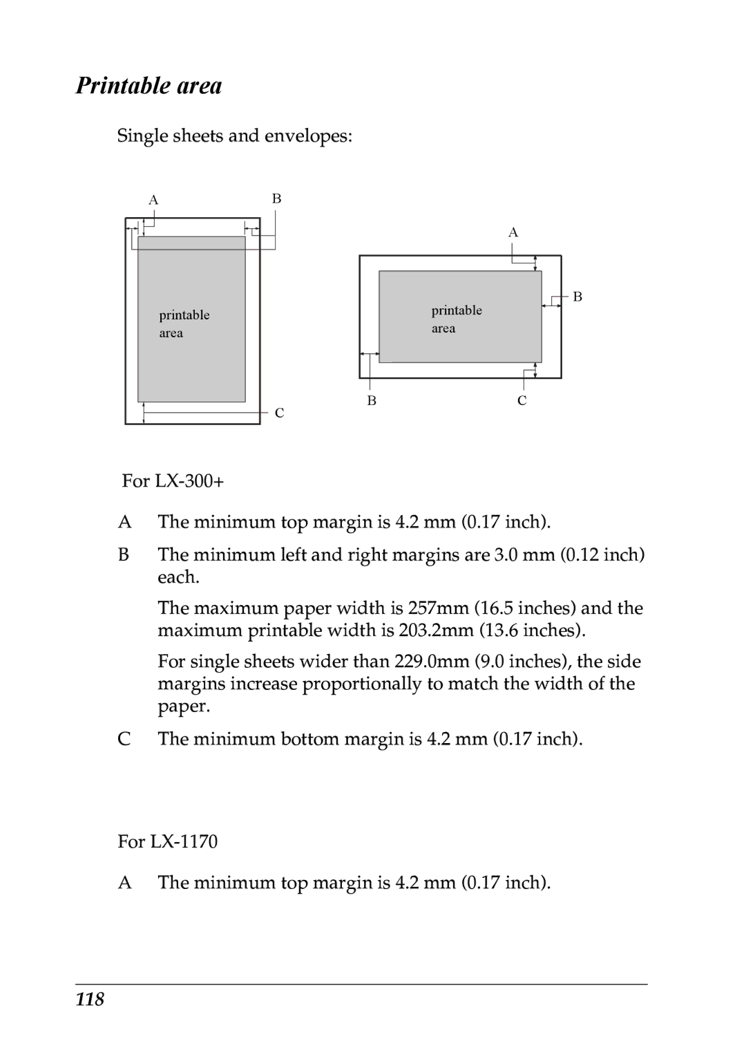 Epson LX-1170 manual Printable area, 118 