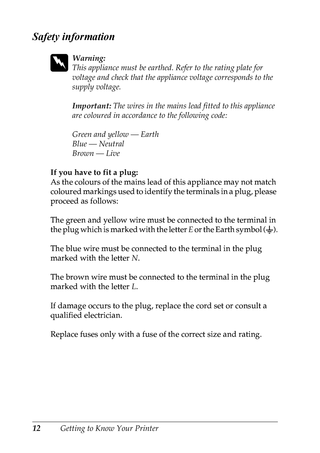 Epson LX-1170 manual Safety information, If you have to fit a plug 