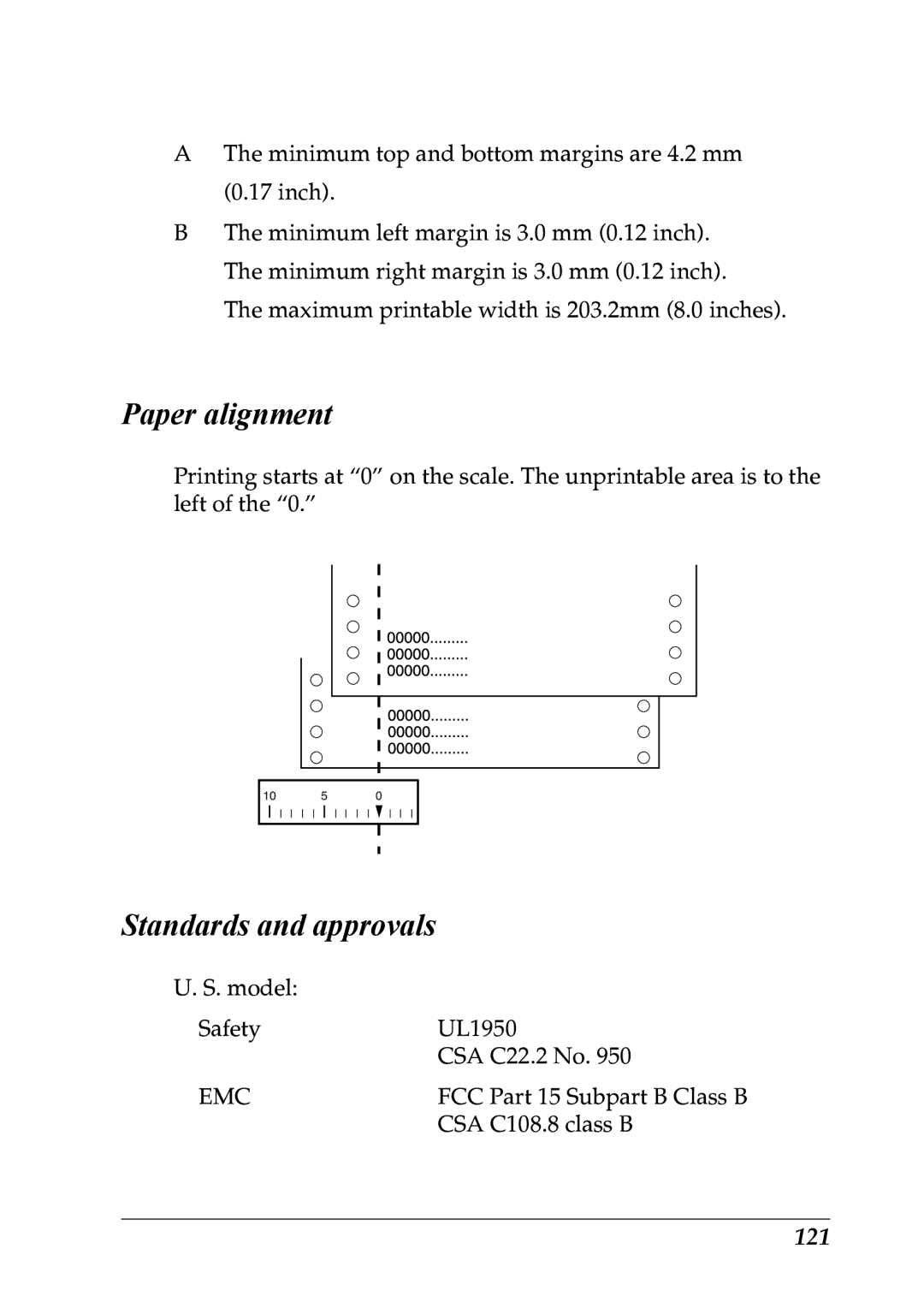 Epson LX-1170 manual Paper alignment, Standards and approvals, 121 