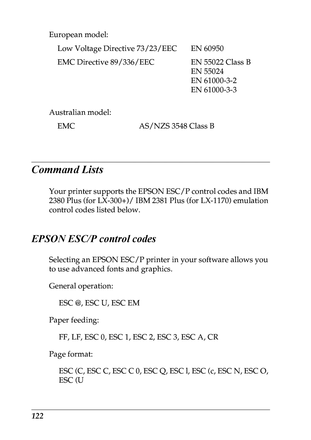 Epson LX-1170 manual Command Lists, Epson ESC/P control codes, 122 