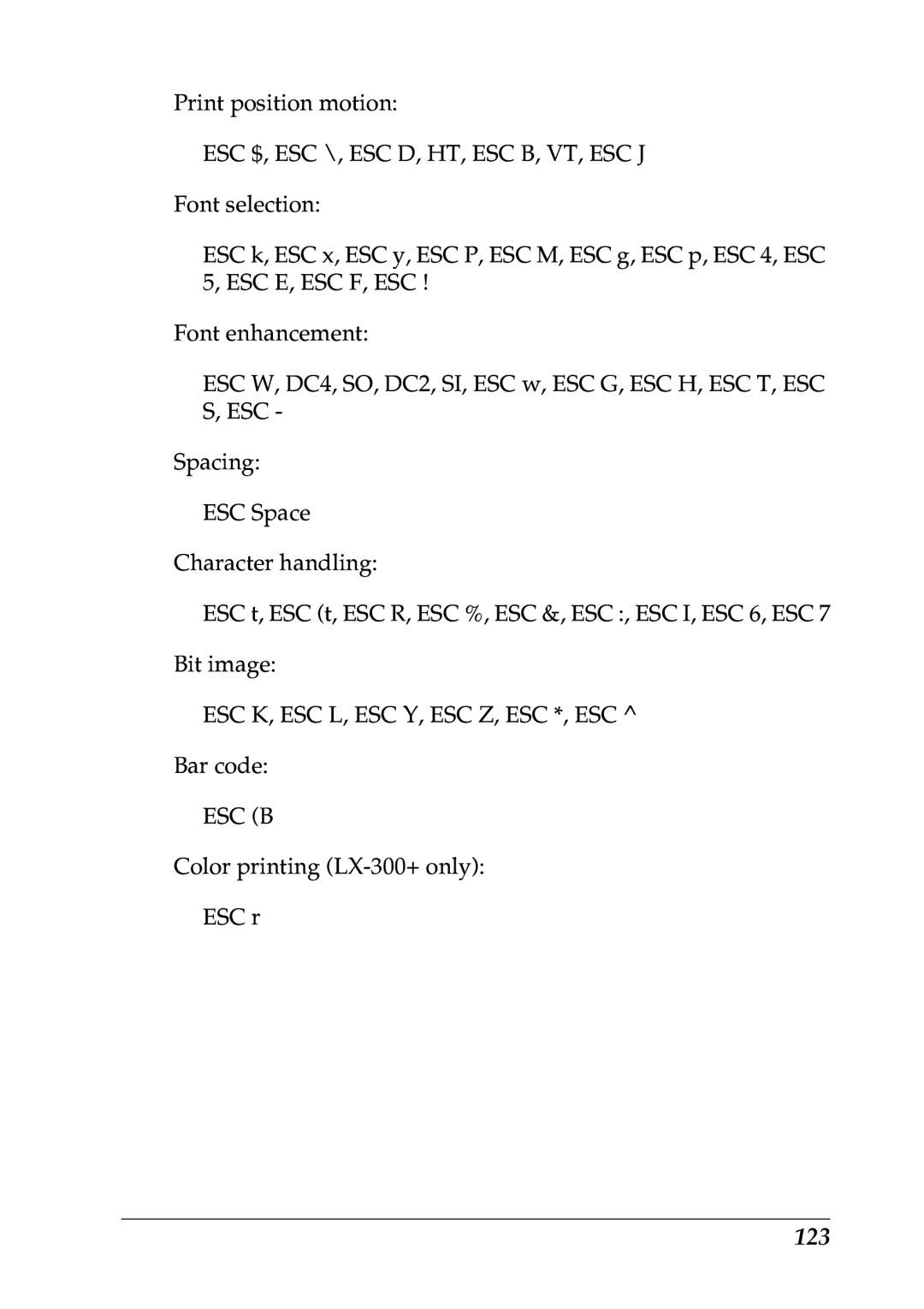 Epson LX-1170 manual 123, Esc $, Esc \, Esc D, Ht, Esc B, Vt, Esc J 