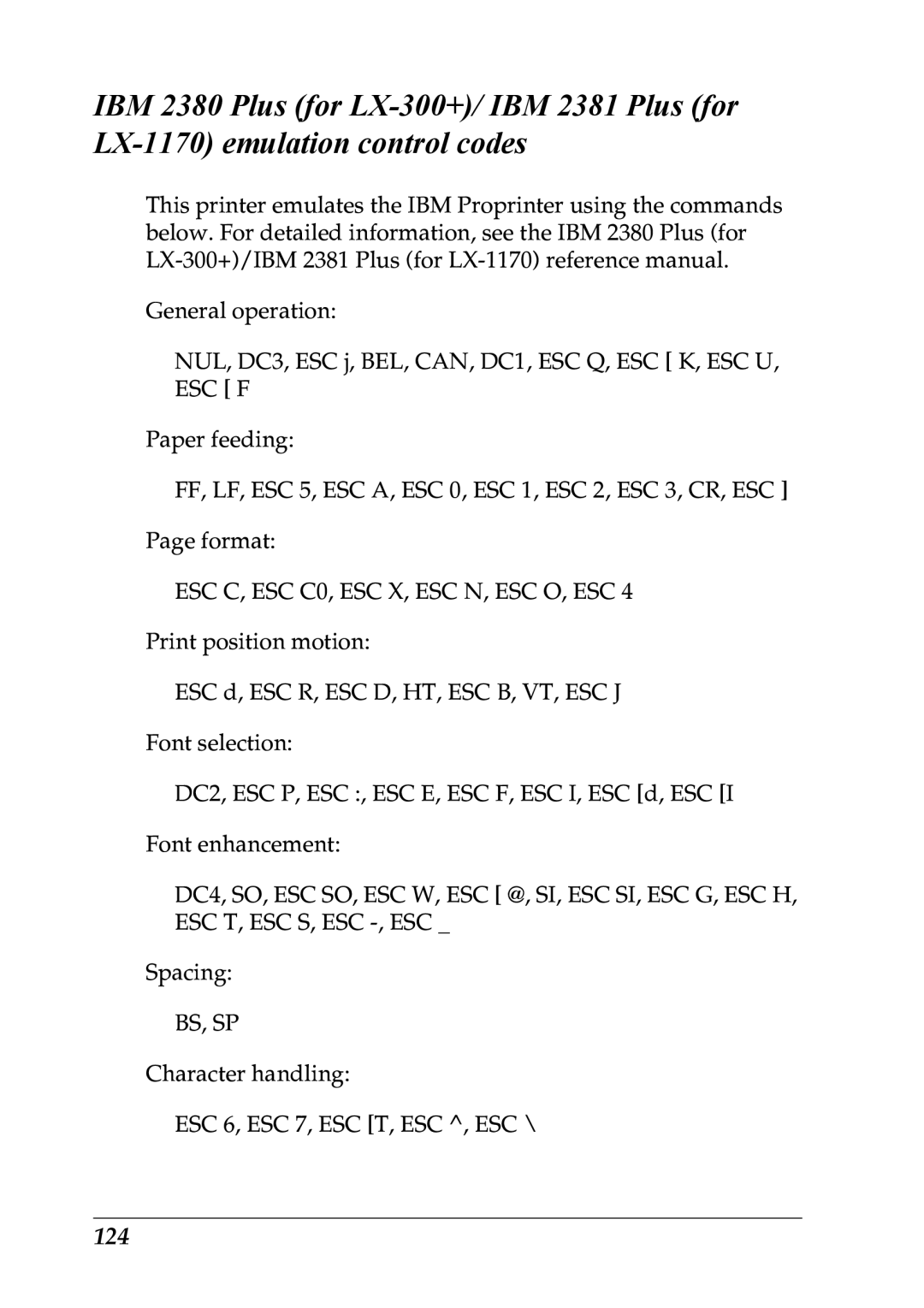 Epson LX-1170 manual 124, ESC C, ESC C0, ESC X, ESC N, ESC O, ESC 