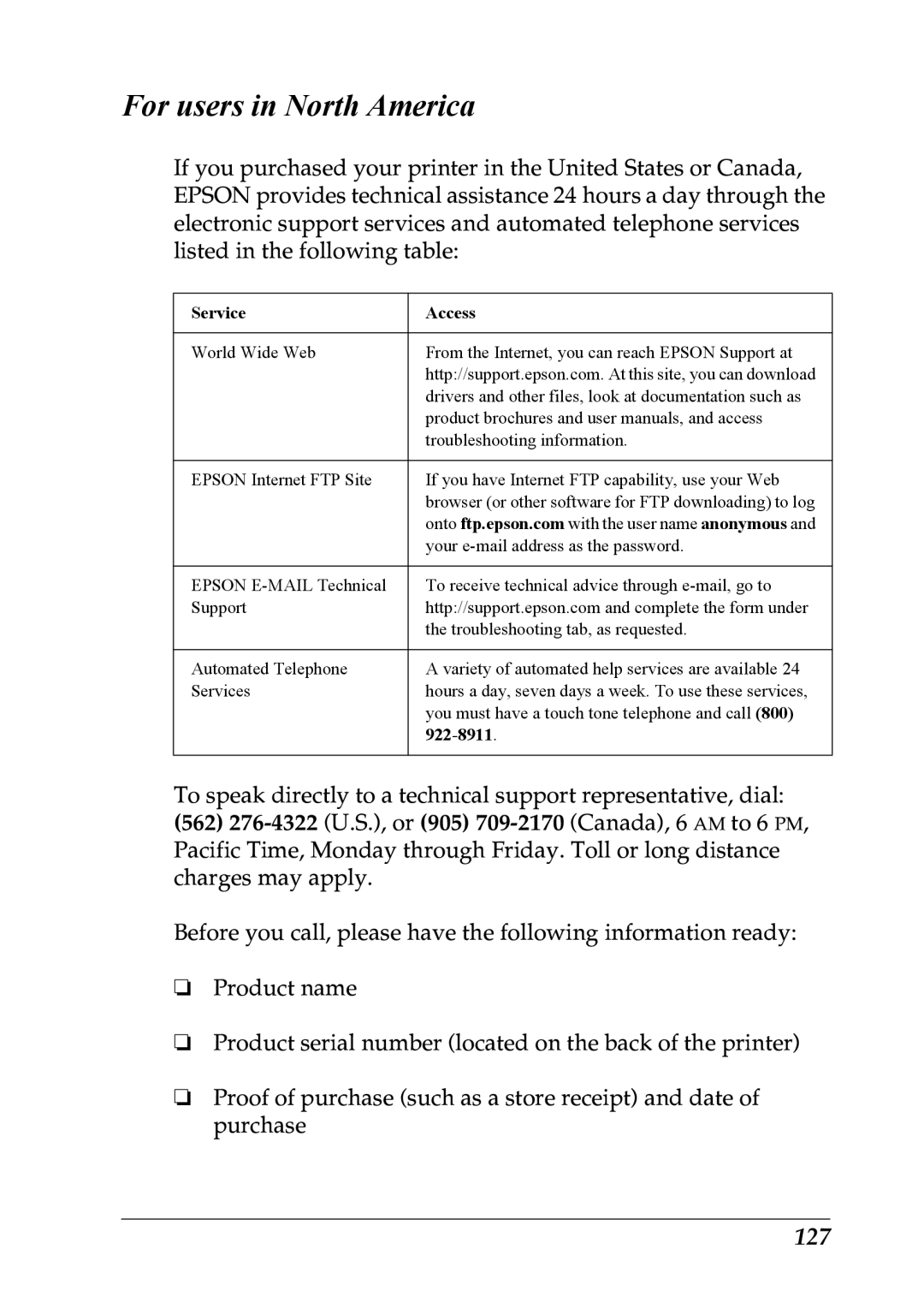 Epson LX-1170 manual For users in North America, 127 