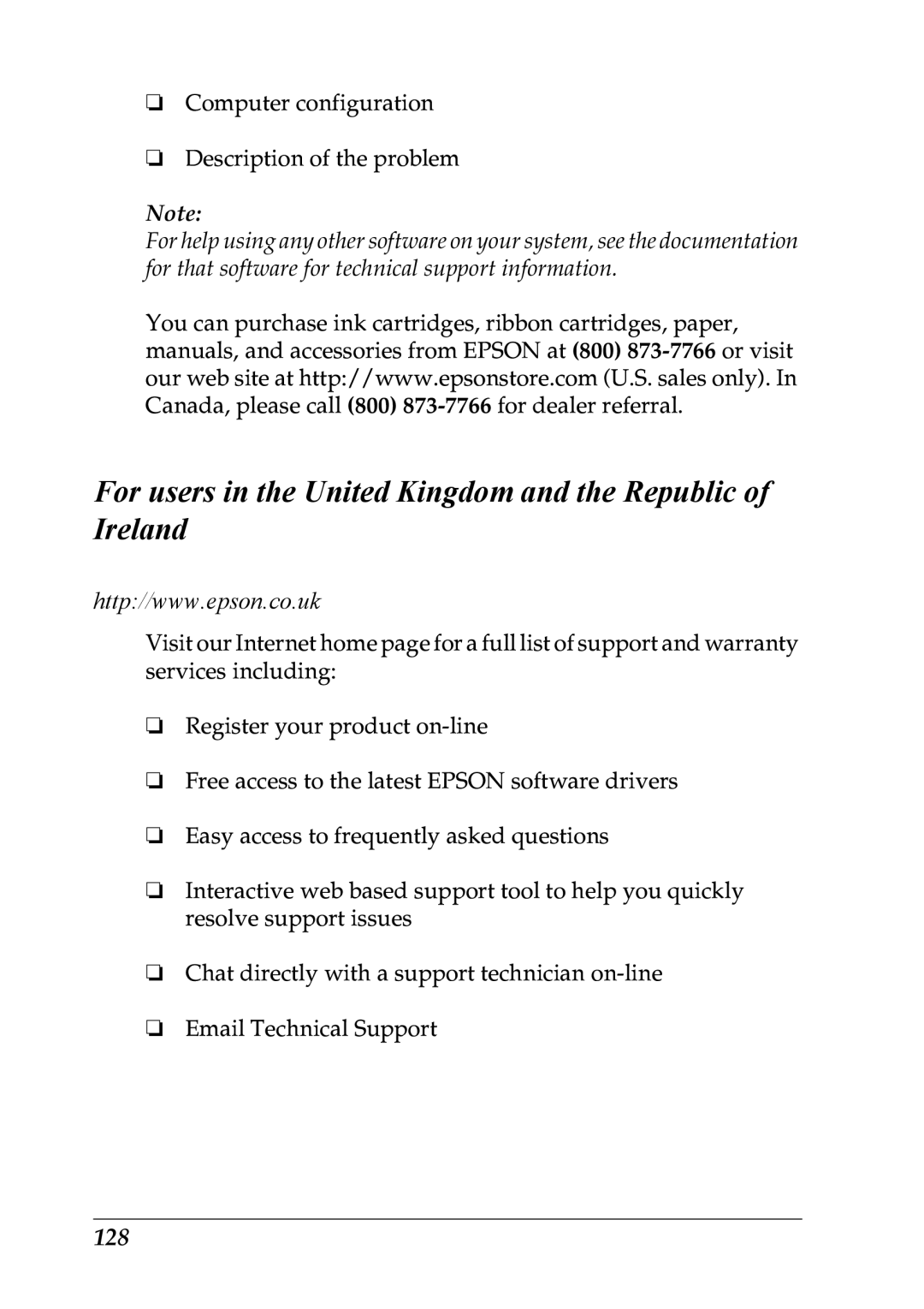 Epson LX-1170 manual For users in the United Kingdom and the Republic of Ireland, 128 