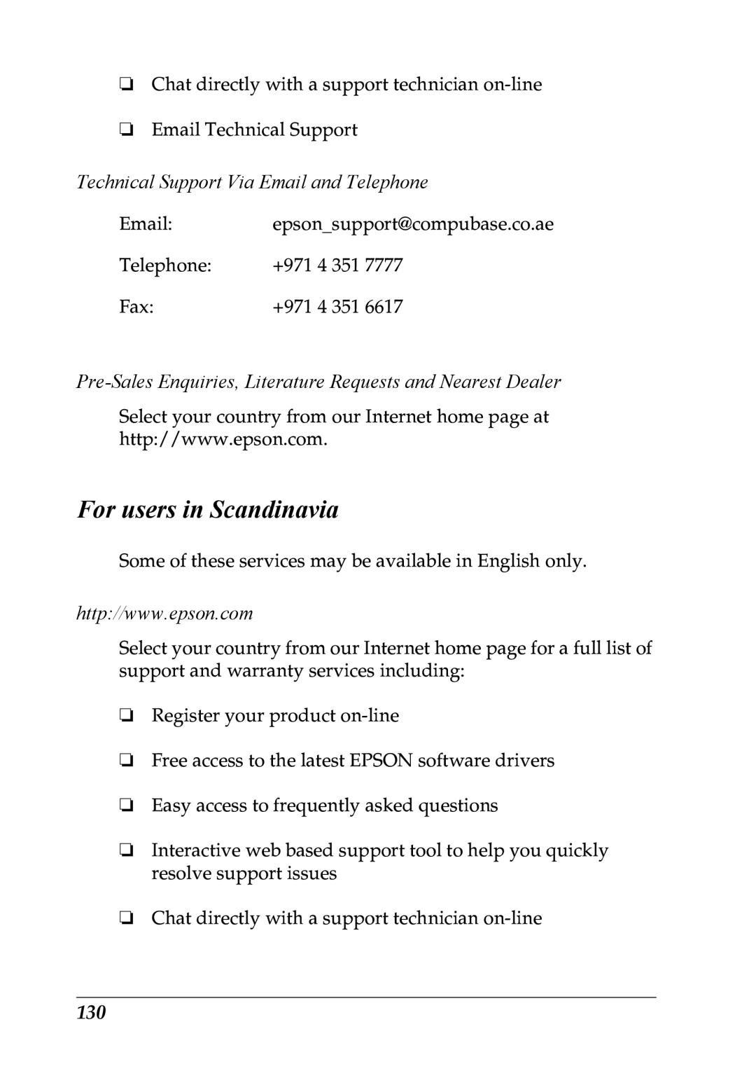 Epson LX-1170 manual For users in Scandinavia, Technical Support Via Email and Telephone, 130 