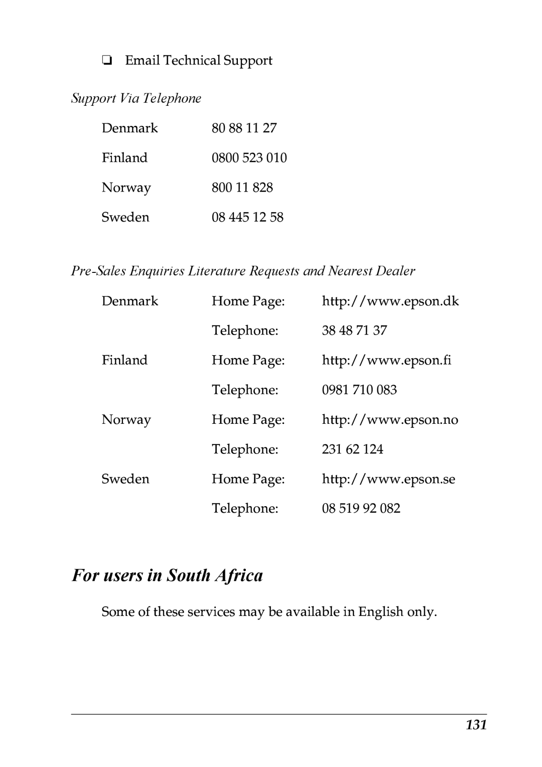 Epson LX-1170 manual For users in South Africa, Pre-Sales Enquiries Literature Requests and Nearest Dealer, 131 