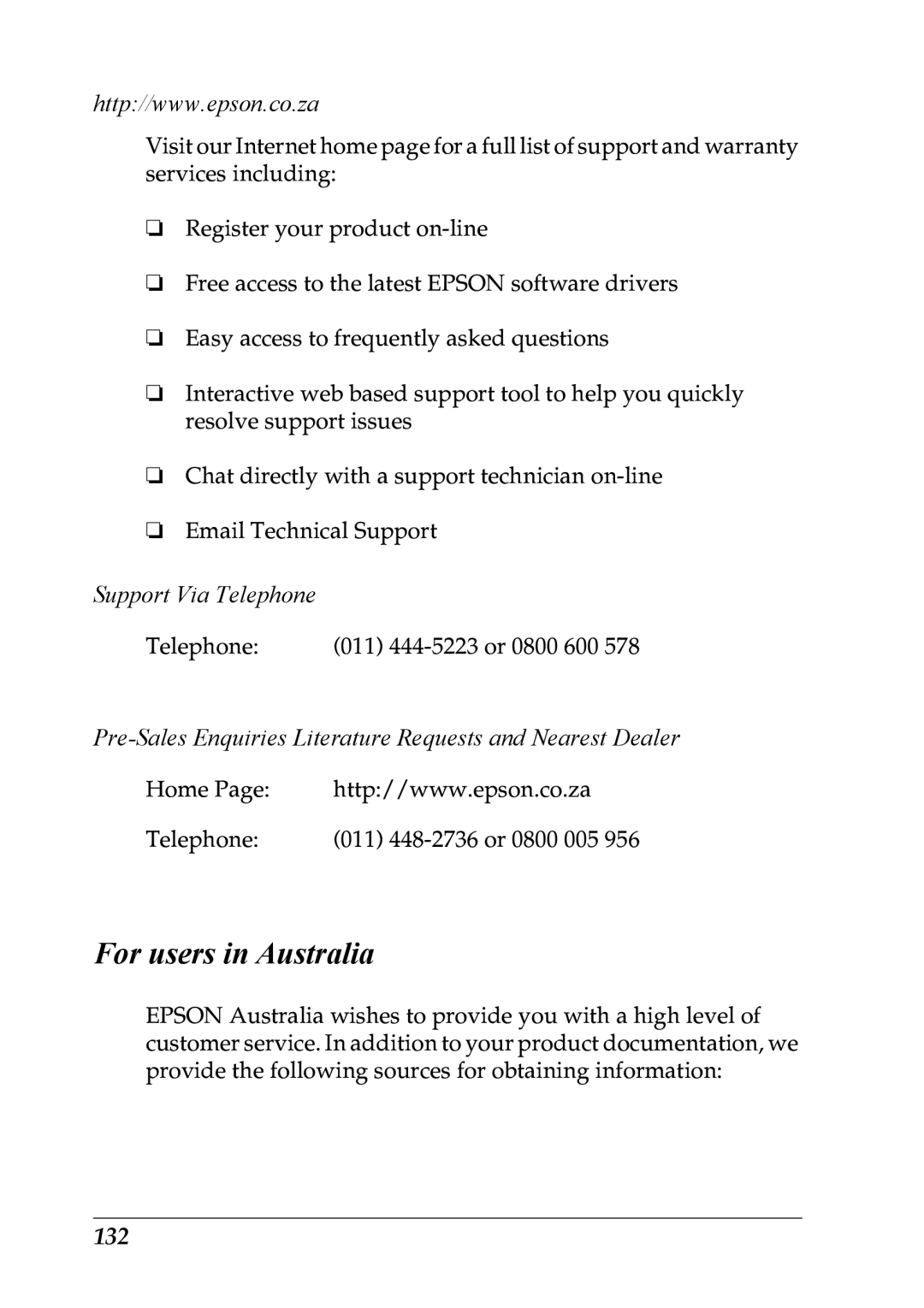 Epson LX-1170 manual For users in Australia, 132 