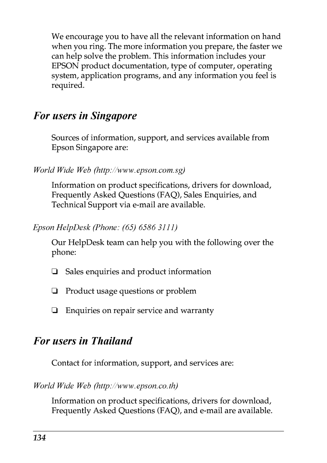 Epson LX-1170 manual For users in Singapore, For users in Thailand, Epson HelpDesk Phone 65 6586, 134 