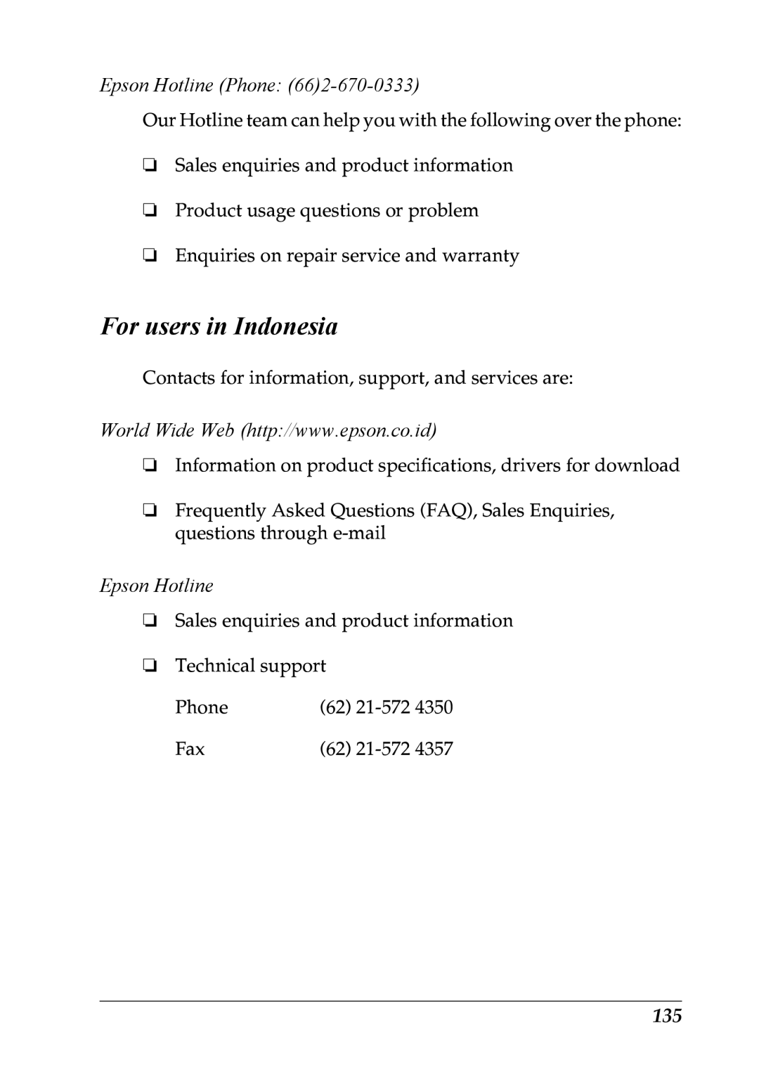 Epson LX-1170 manual For users in Indonesia, Epson Hotline Phone, 135 