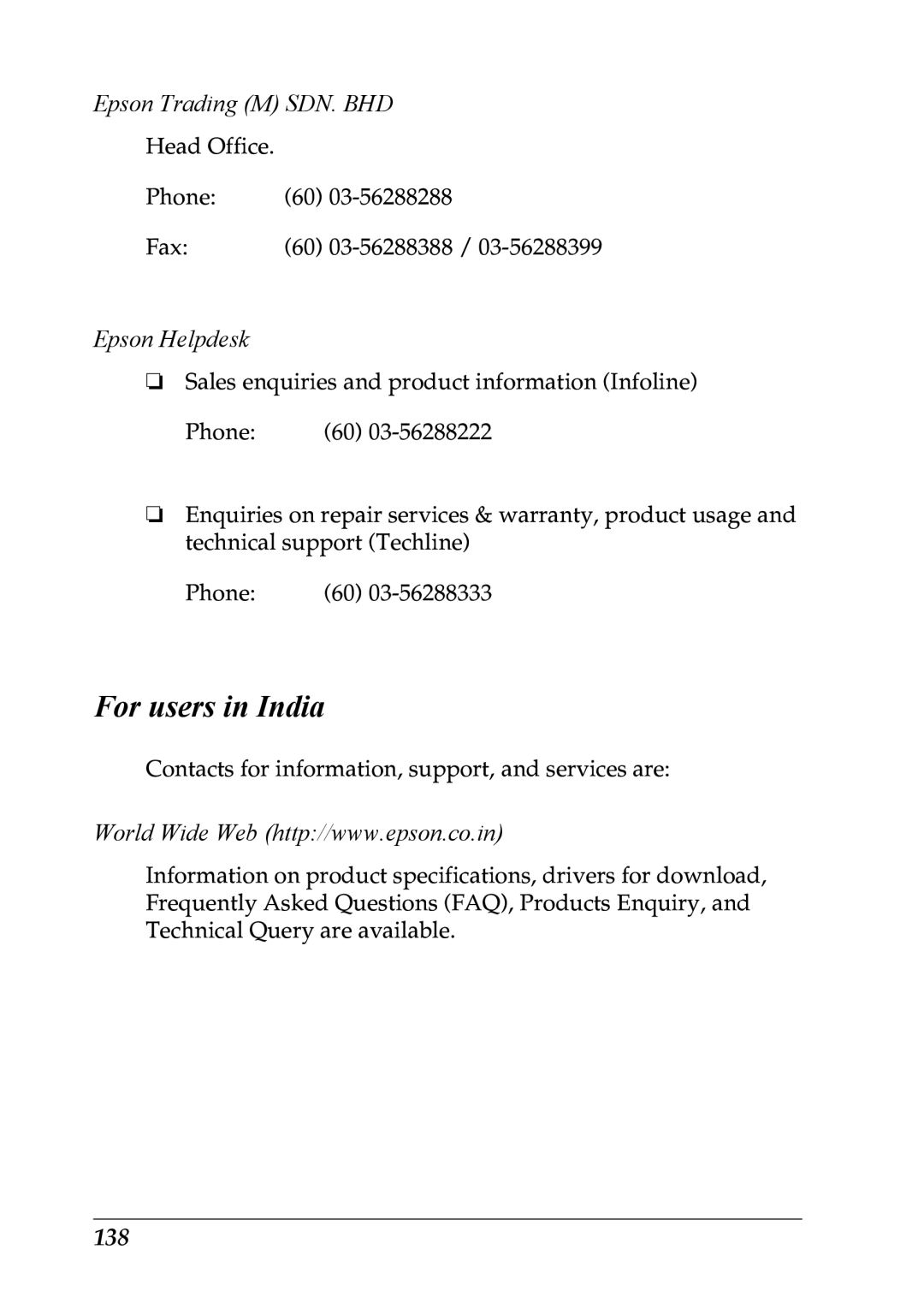 Epson LX-1170 manual For users in India, Epson Trading M SDN. BHD, 138 