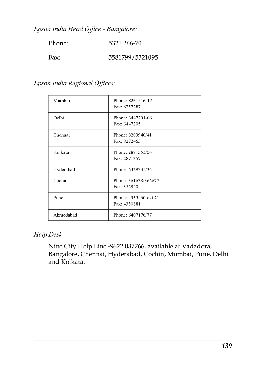 Epson LX-1170 manual Epson India Head Office Bangalore, Epson India Regional Offices, Help Desk, 139 