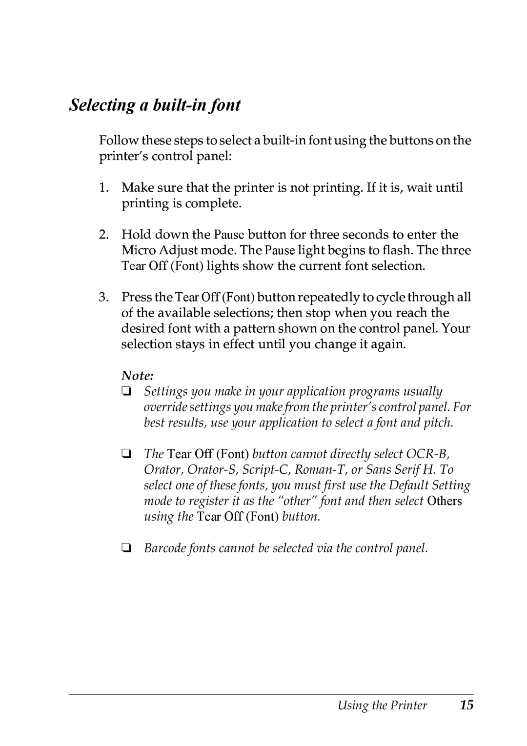 Epson LX-1170 manual Selecting a built-in font 