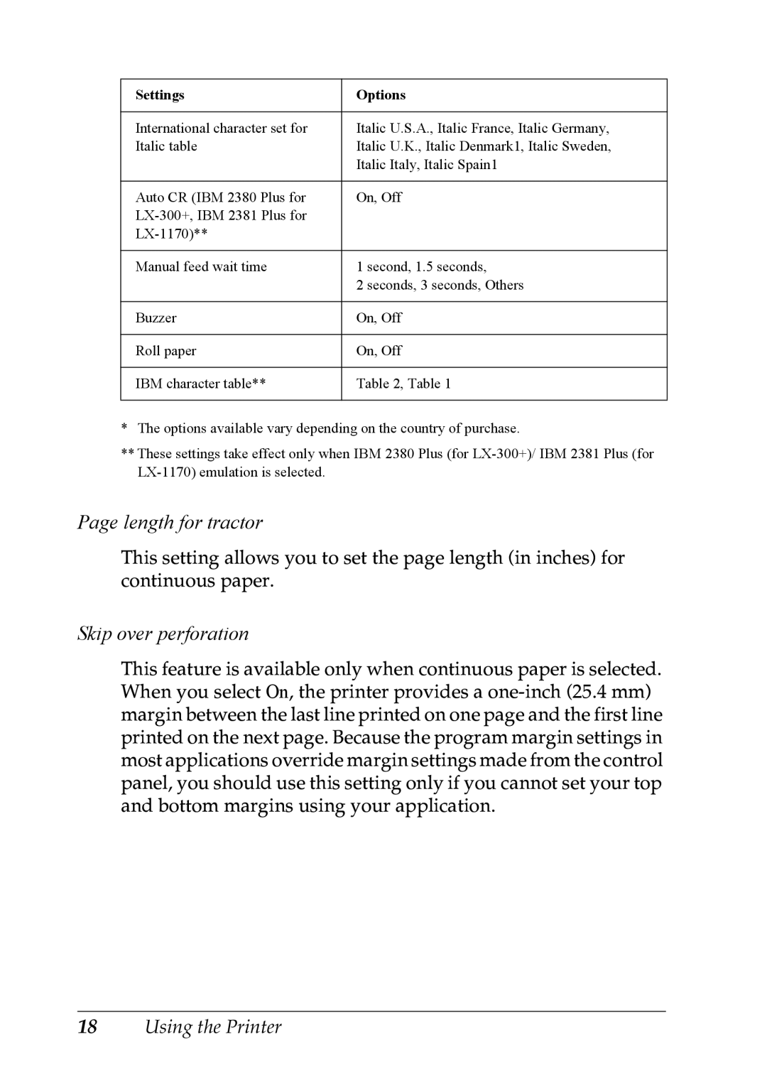 Epson LX-1170 manual Length for tractor, Skip over perforation 