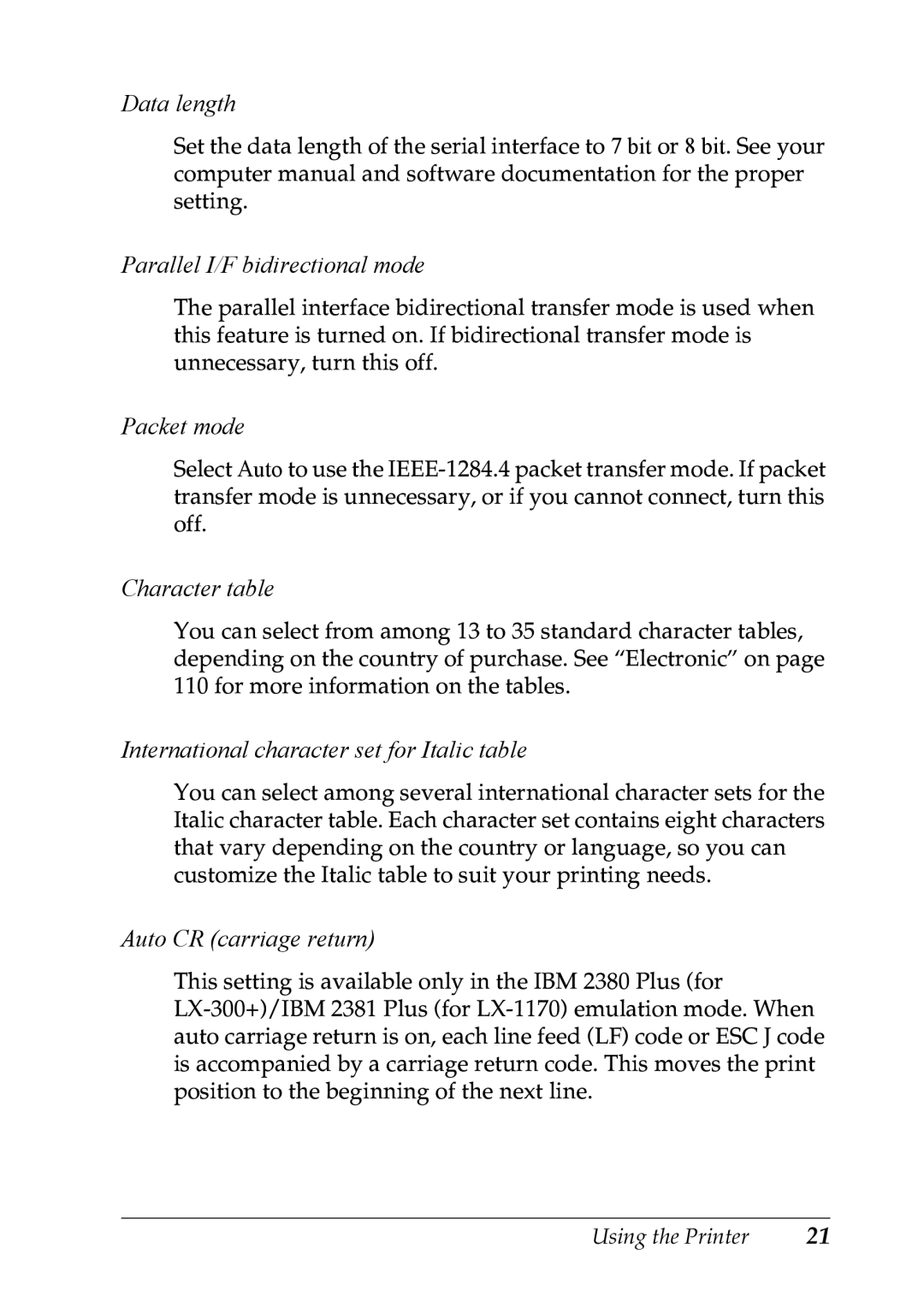 Epson LX-1170 manual Data length, Parallel I/F bidirectional mode, Packet mode, Character table, Auto CR carriage return 