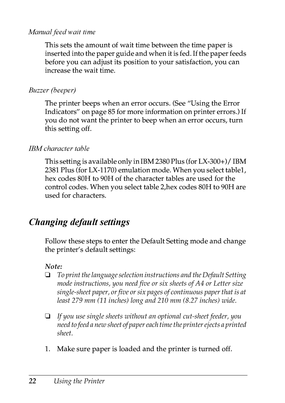 Epson LX-1170 manual Changing default settings, Manual feed wait time, Buzzer beeper, IBM character table 