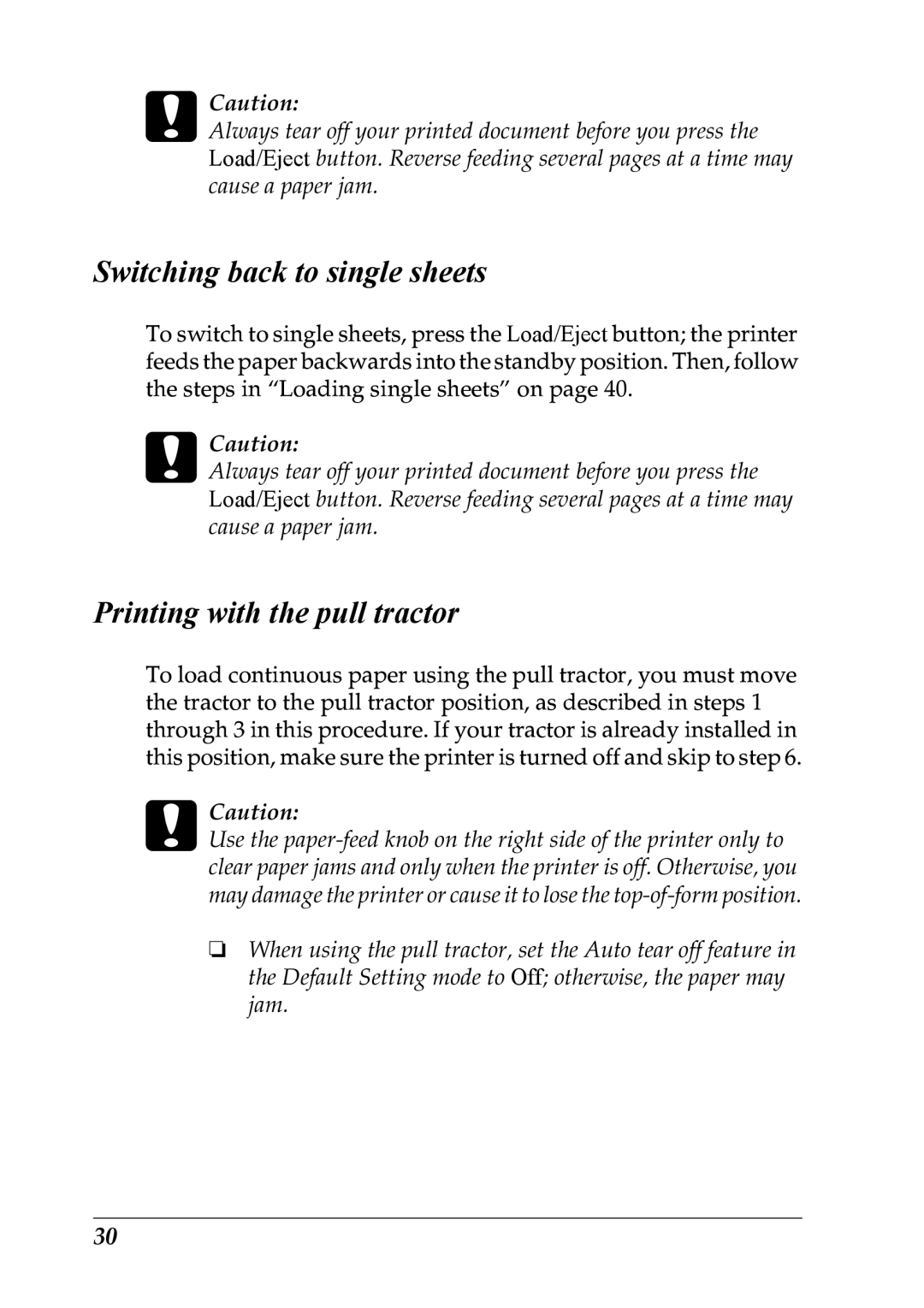 Epson LX-1170 manual Switching back to single sheets, Printing with the pull tractor 