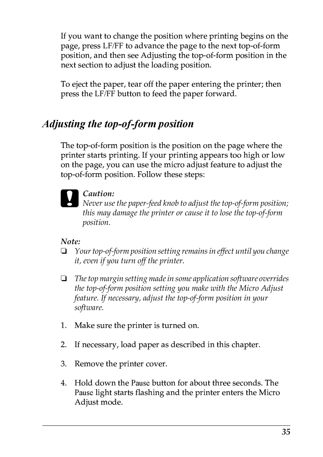 Epson LX-1170 manual Adjusting the top-of-form position 