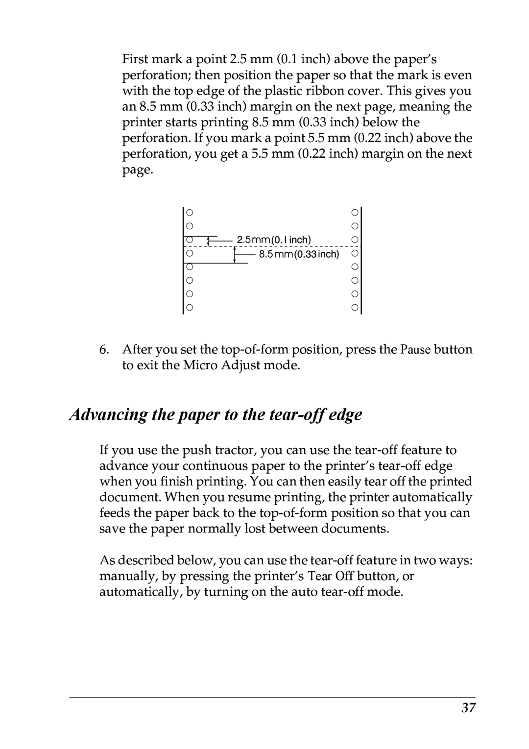 Epson LX-1170 manual Advancing the paper to the tear-off edge 