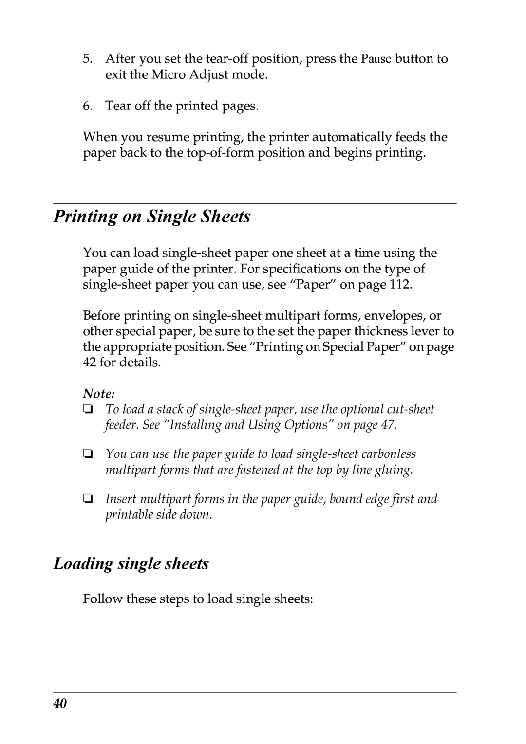 Epson LX-1170 manual Printing on Single Sheets, Loading single sheets 