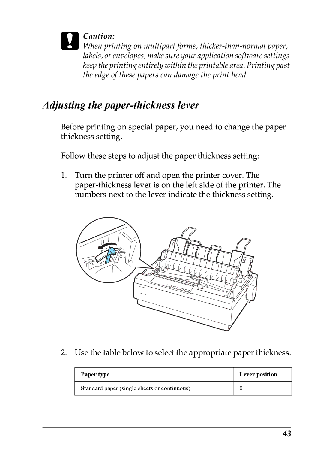 Epson LX-1170 manual Adjusting the paper-thickness lever 