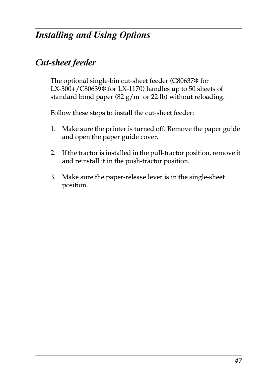 Epson LX-1170 manual Installing and Using Options, Cut-sheet feeder 