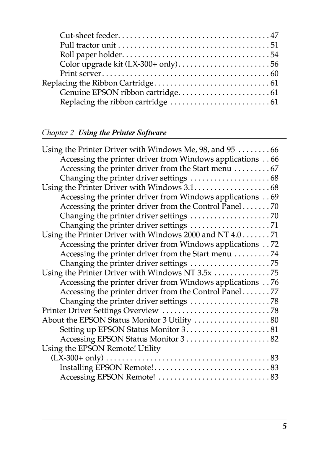 Epson LX-1170 manual Using the Printer Software 