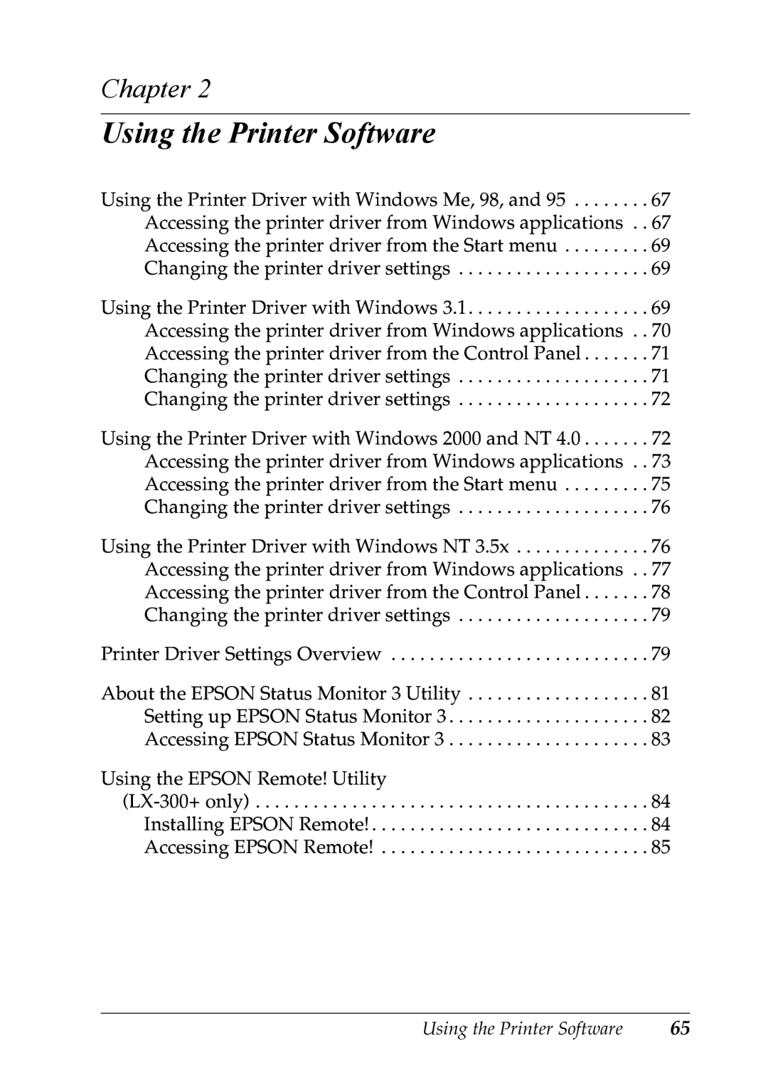 Epson LX-1170 manual Using the Printer Software 