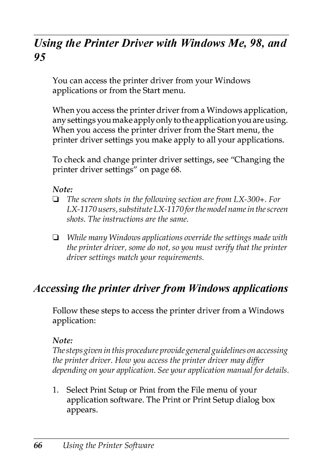 Epson LX-1170 manual Using the Printer Driver with Windows Me, 98, Accessing the printer driver from Windows applications 