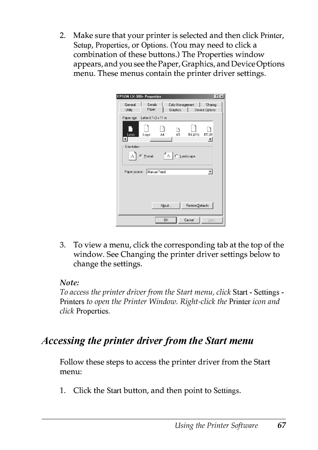 Epson LX-1170 manual Accessing the printer driver from the Start menu 