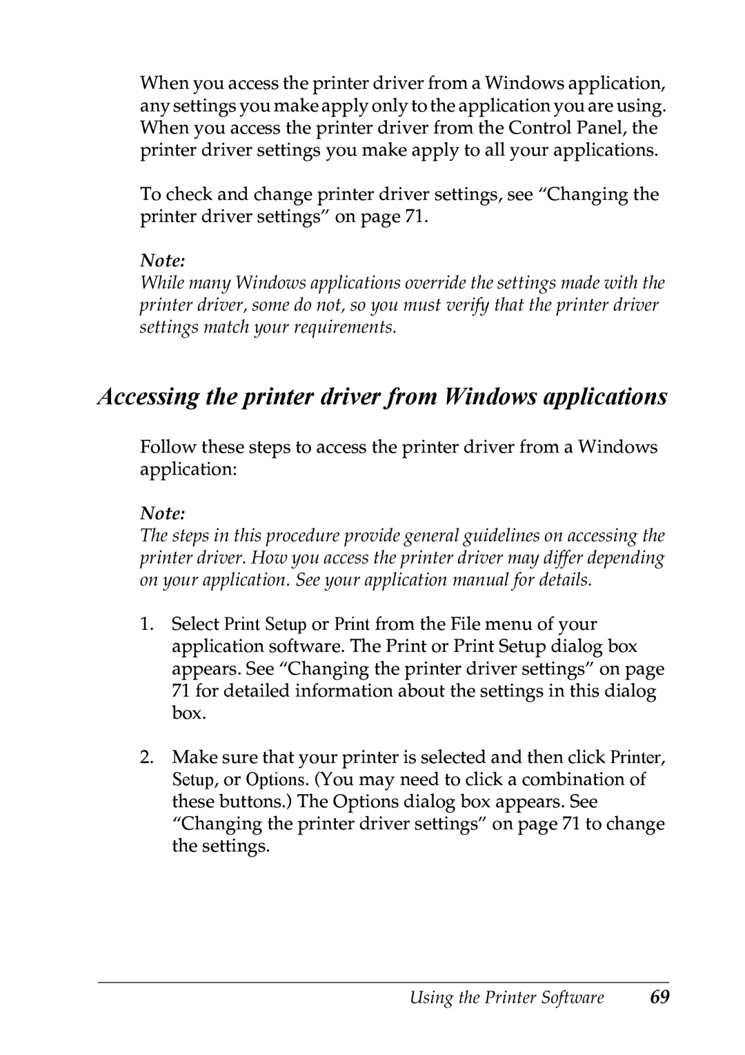 Epson LX-1170 manual Accessing the printer driver from Windows applications 