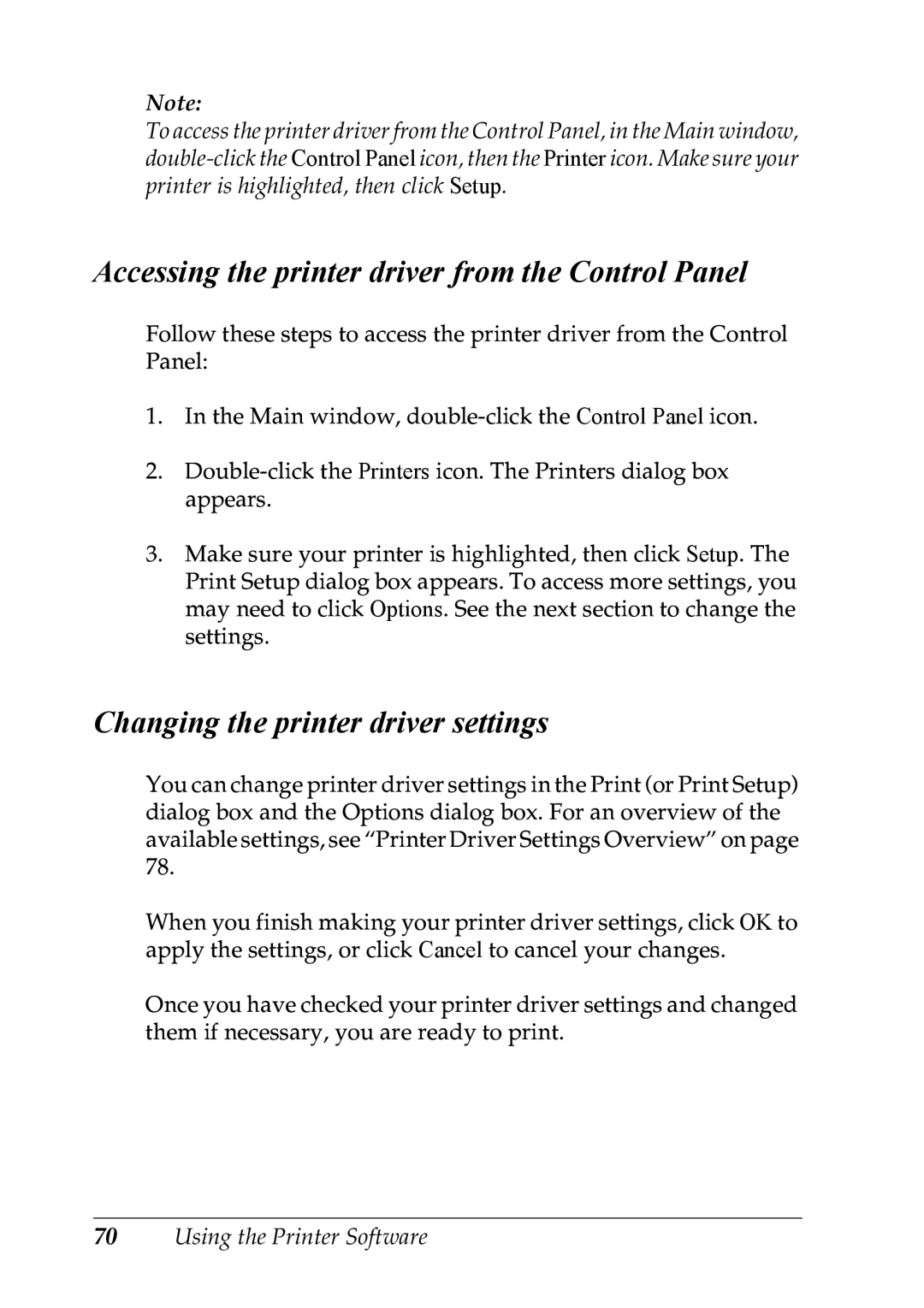 Epson LX-1170 manual Accessing the printer driver from the Control Panel 