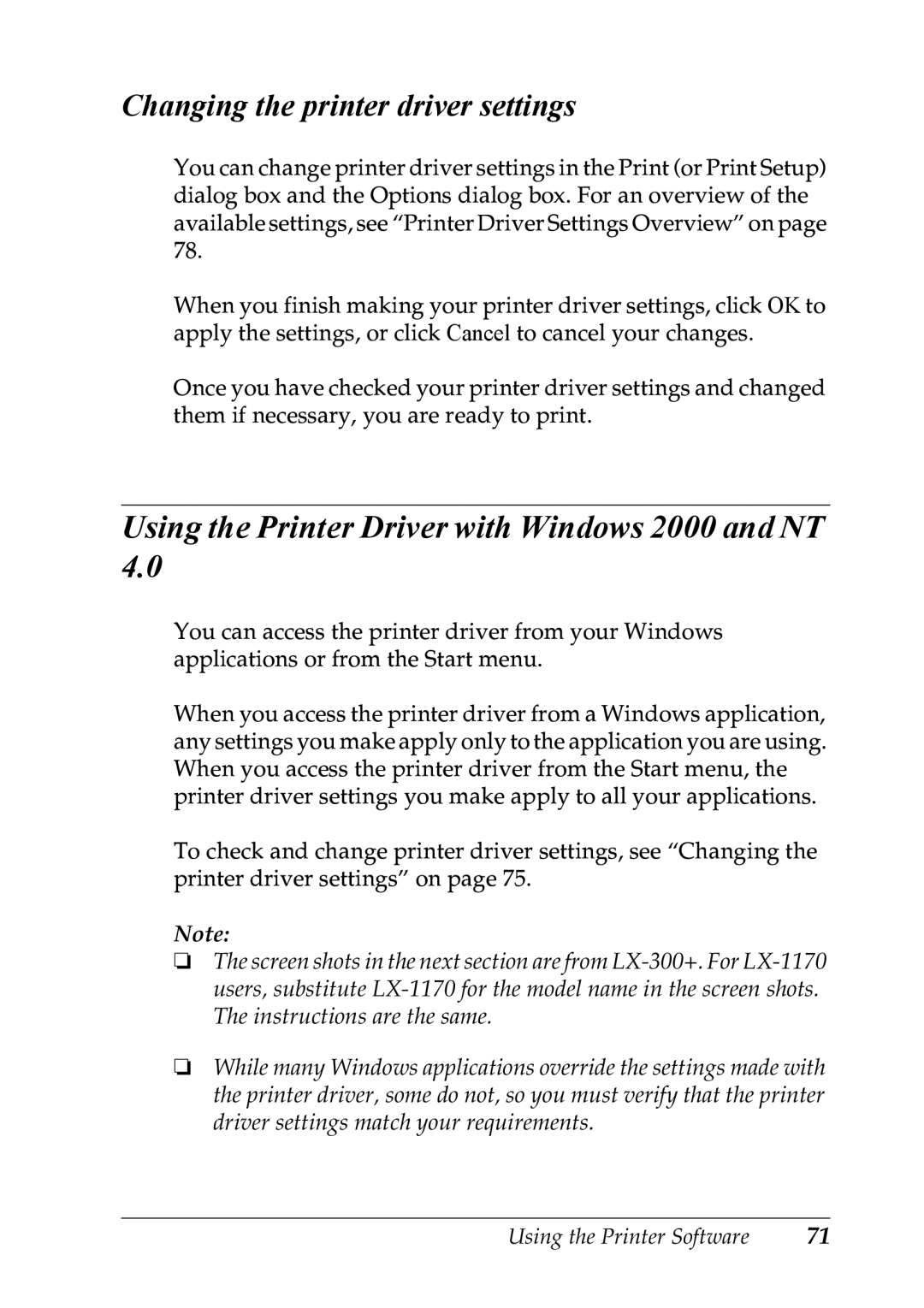 Epson LX-1170 manual Using the Printer Driver with Windows 2000 and NT 