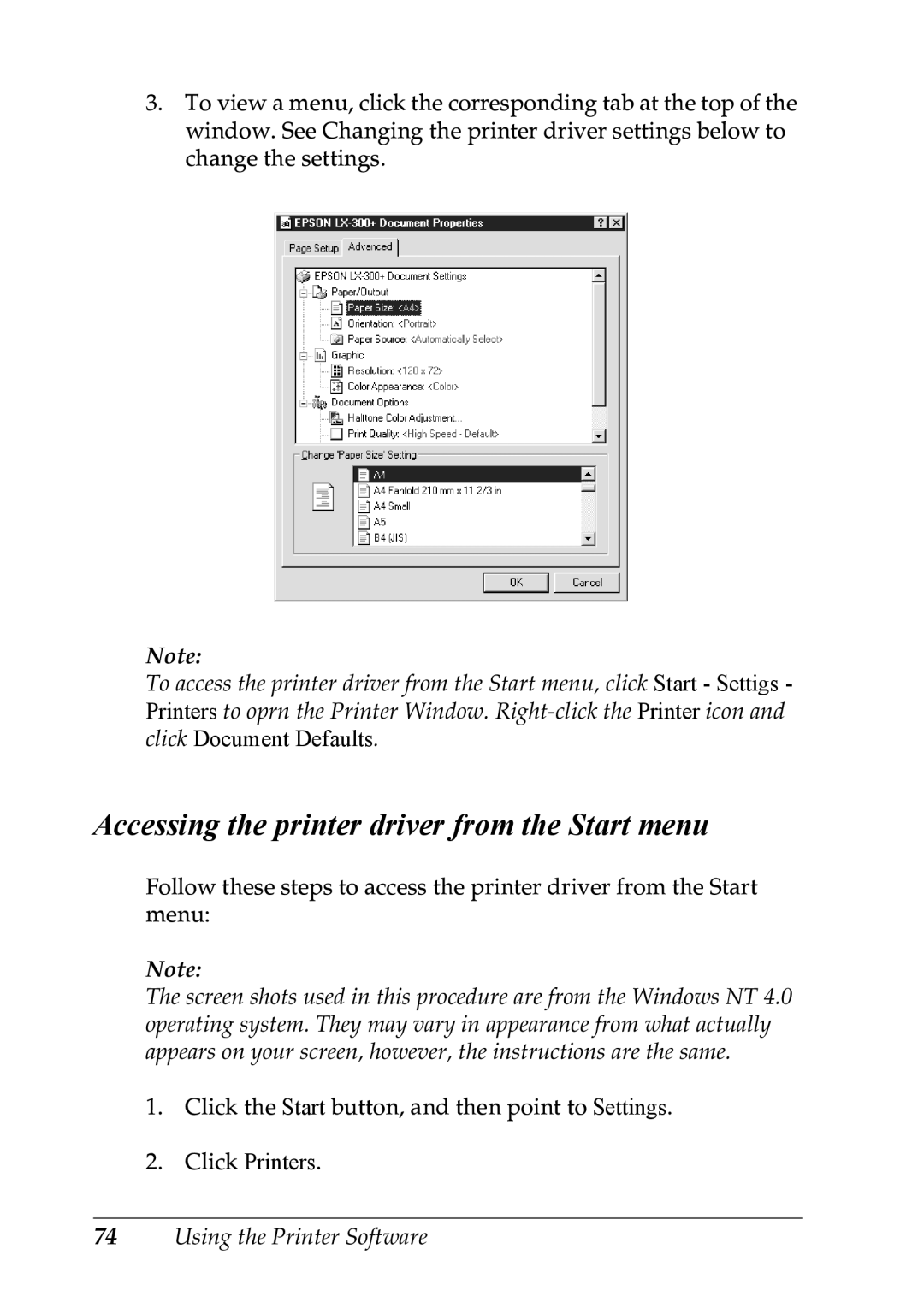 Epson LX-1170 manual Accessing the printer driver from the Start menu 