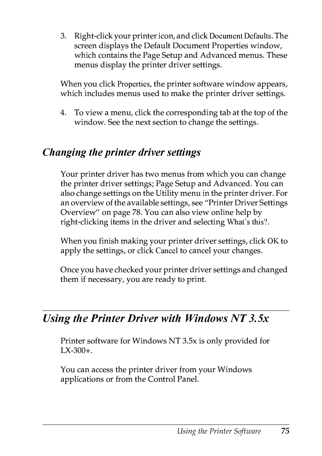 Epson LX-1170 manual Using the Printer Driver with Windows NT, Changing the printer driver settings 