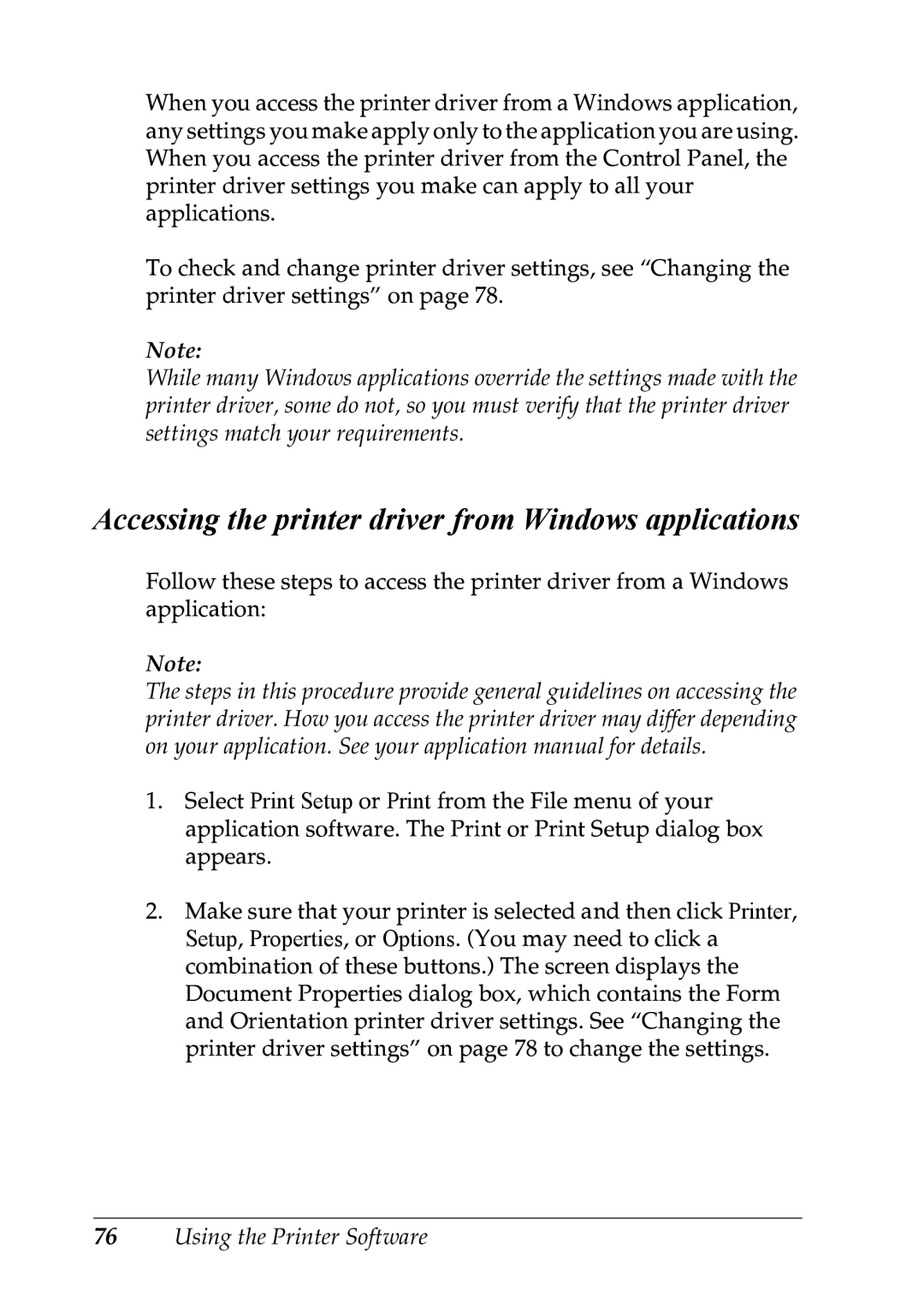 Epson LX-1170 manual Accessing the printer driver from Windows applications 