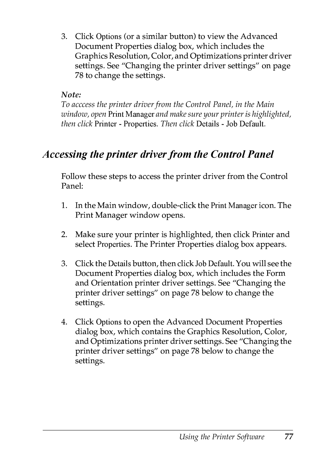 Epson LX-1170 manual Accessing the printer driver from the Control Panel 