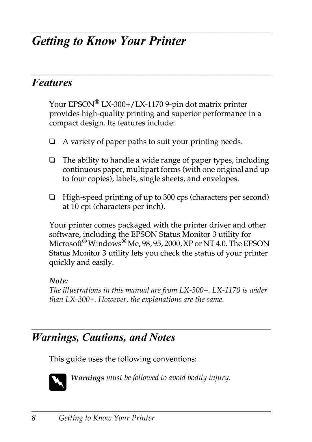 Epson LX-1170 manual Getting to Know Your Printer, Features 