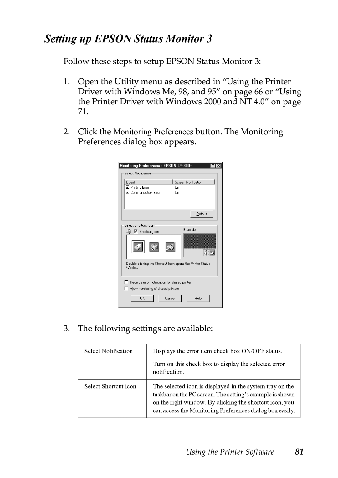 Epson LX-1170 manual Setting up Epson Status Monitor 