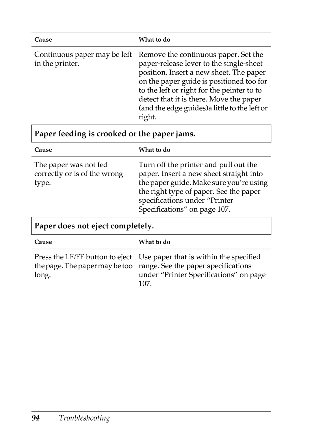 Epson LX-1170 manual Paper feeding is crooked or the paper jams, Paper does not eject completely 