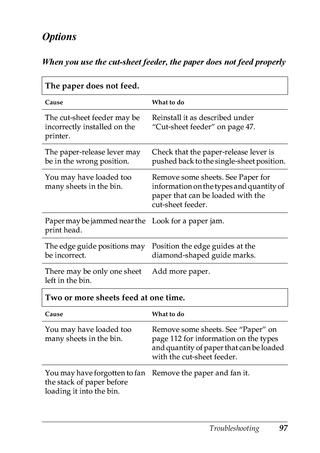 Epson LX-1170 manual Options, Two or more sheets feed at one time 