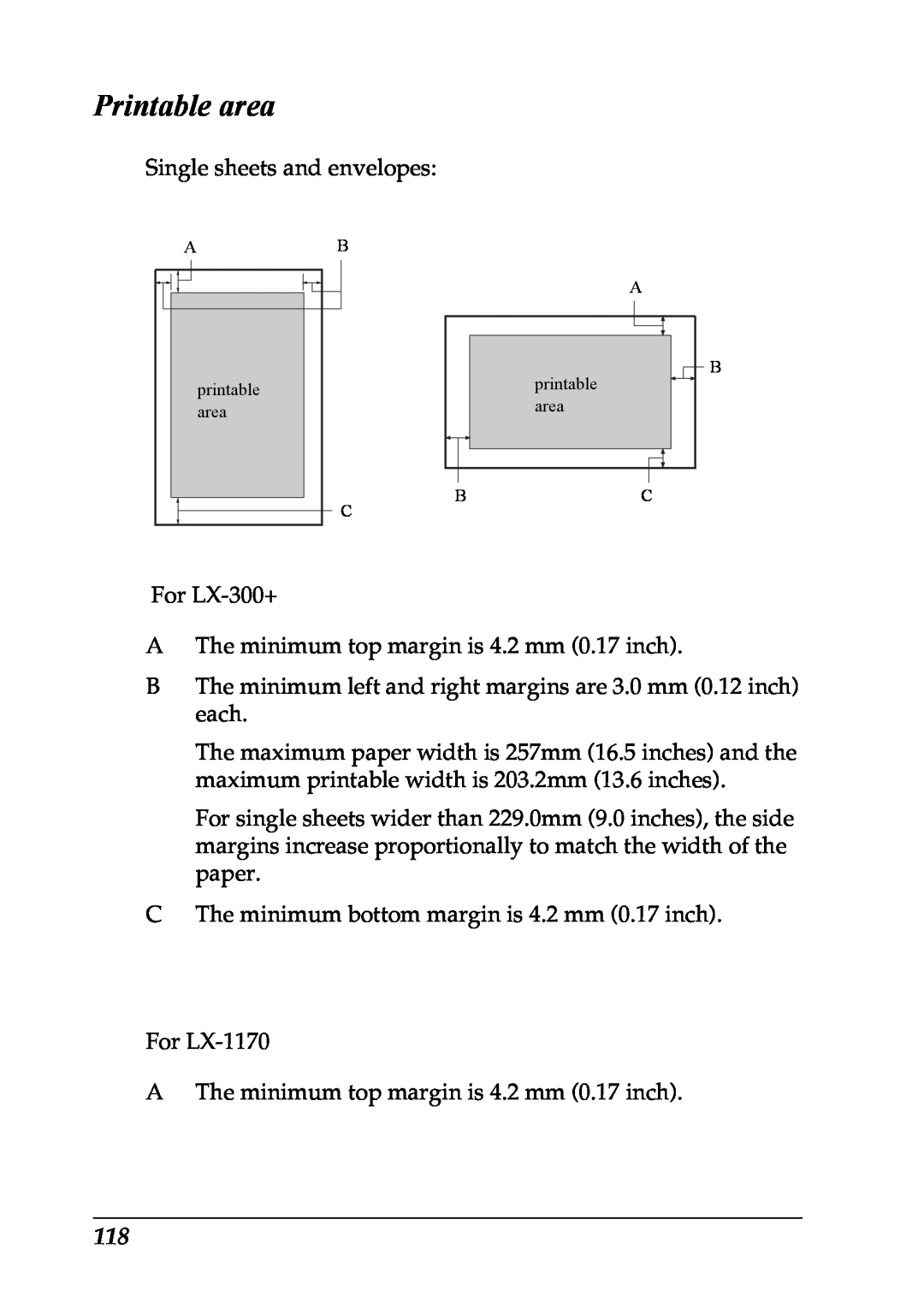Epson LX-1170 manual Printable area 
