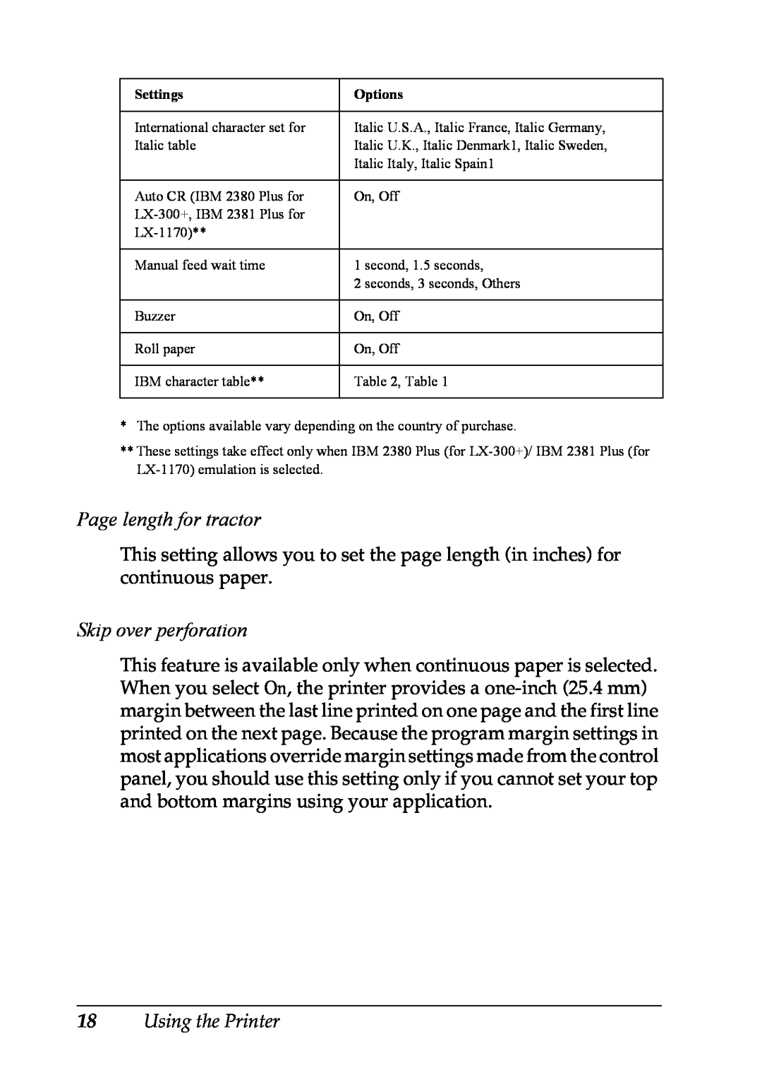 Epson LX-1170 manual Page length for tractor, Skip over perforation, Using the Printer 