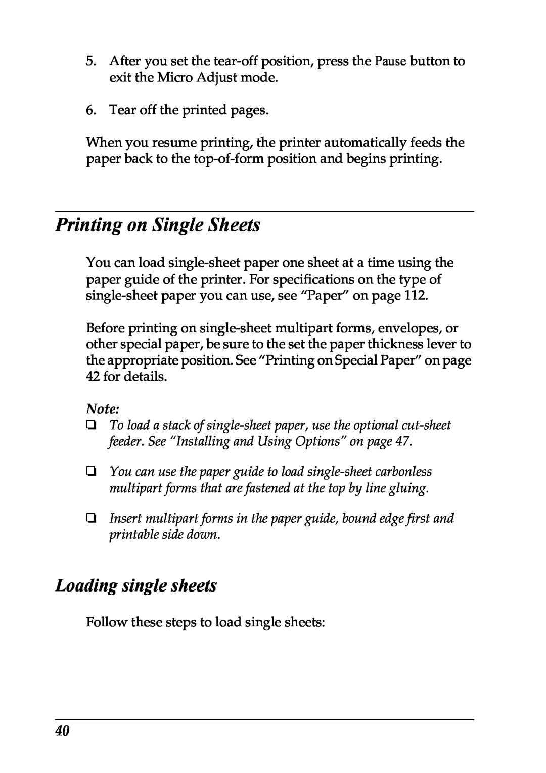Epson LX-1170 manual Printing on Single Sheets, Loading single sheets 