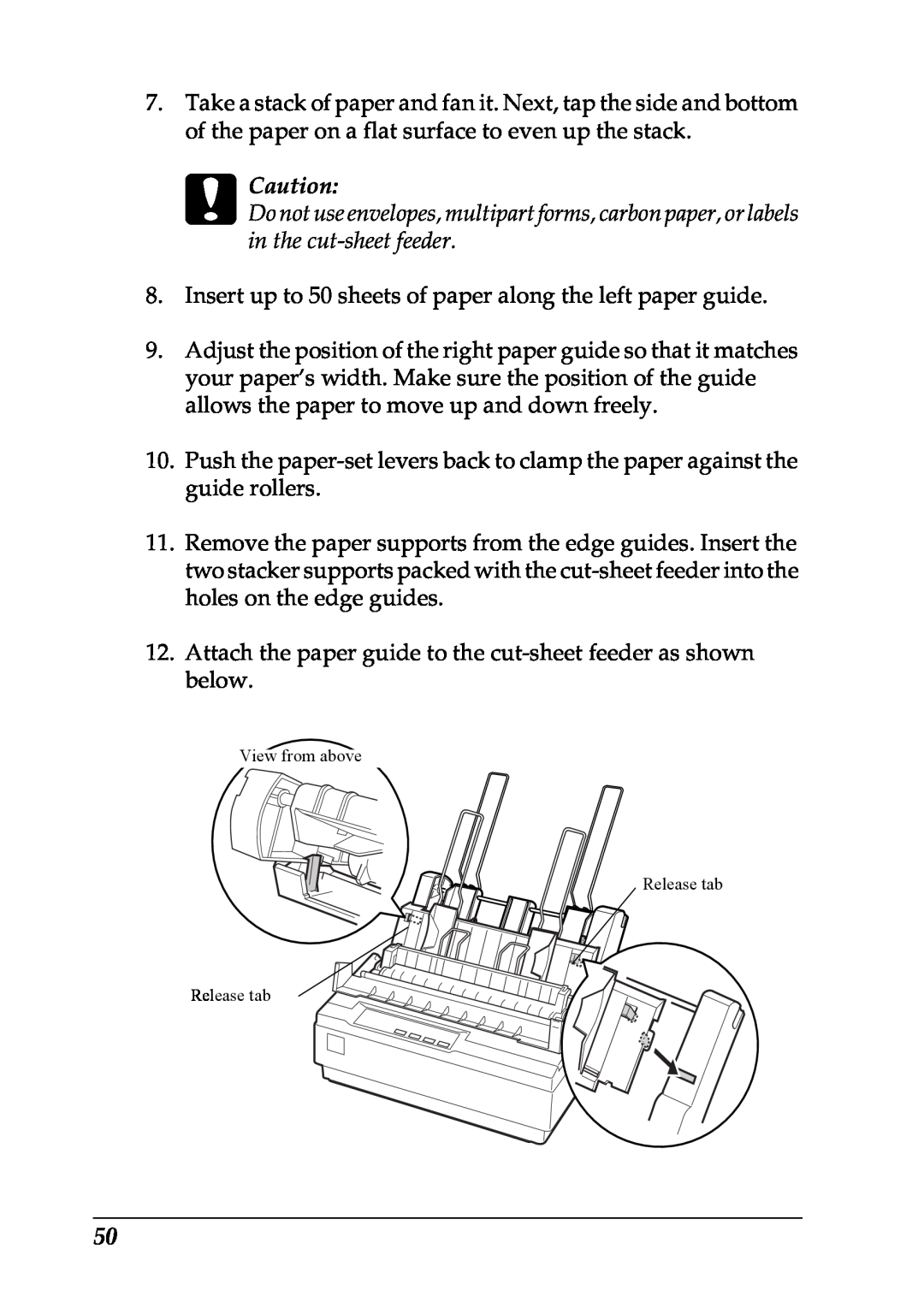 Epson LX-1170 manual c Caution, Insert up to 50 sheets of paper along the left paper guide 