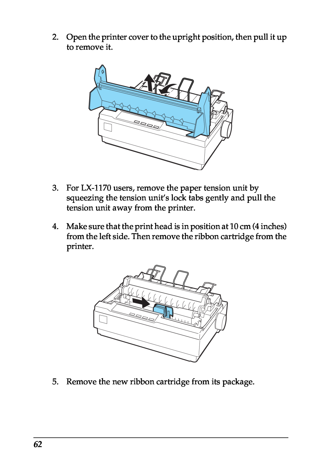 Epson LX-1170 manual Remove the new ribbon cartridge from its package 