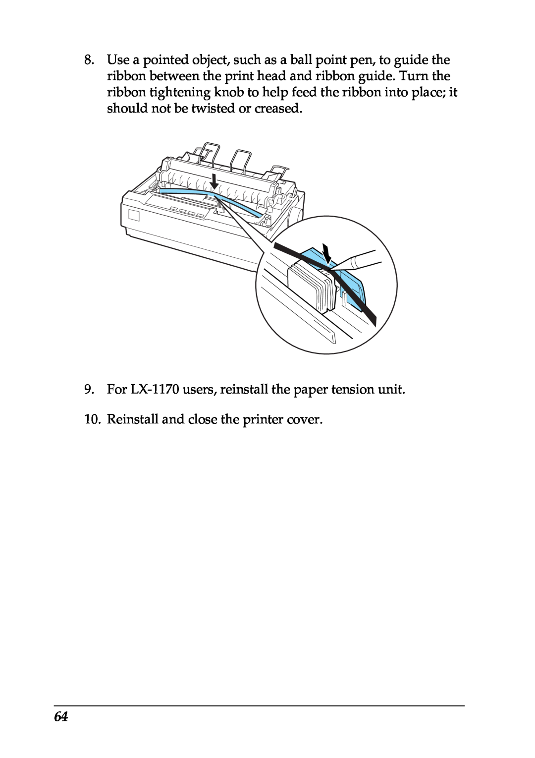 Epson manual For LX-1170 users, reinstall the paper tension unit, Reinstall and close the printer cover 