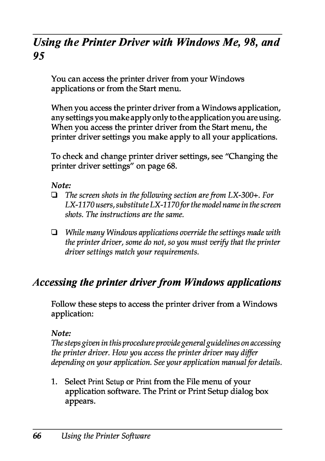 Epson LX-1170 Using the Printer Driver with Windows Me, 98, and, Accessing the printer driver from Windows applications 