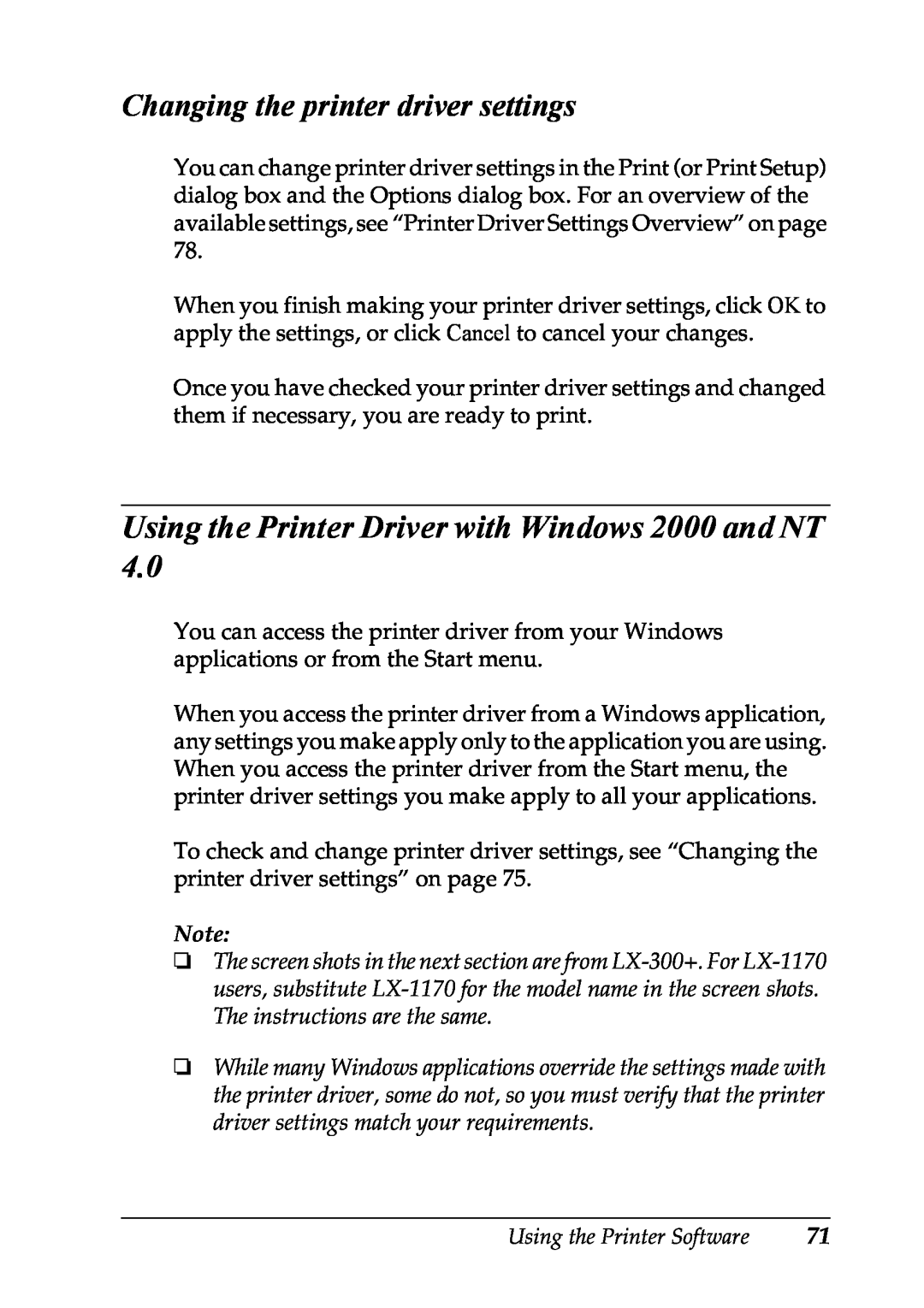 Epson LX-1170 manual Using the Printer Driver with Windows 2000 and NT, Changing the printer driver settings 
